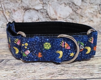1.5 Inch Martingale Dog Collar. Embroidered Space Theme Cotton fabric; Medium