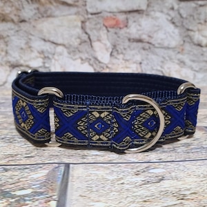 Blue Geometric Pattern Jacquard Ribbon martingale dog collar; 1.5 inch, medium