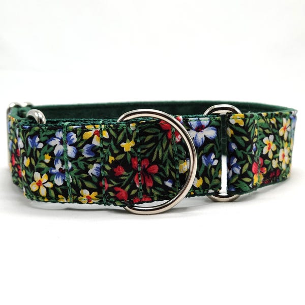 Beautiful  red, yellow and blue flowers on black cotton fabric martingale dog collar; 1.5 inch wide, Size Medium