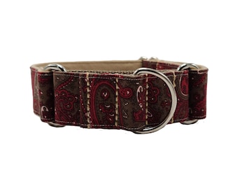 Obroża dla psa typu martingale z bordowo-brązowego materiału z wzorem paisley; szerokość 1,5 cala, rozmiar średni