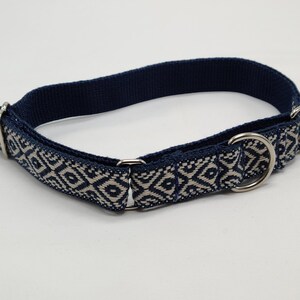 1 inch Martingale collar. Ribbon, Blue and white pattern, blue webbing. Light Weight