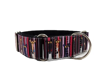 Pink purple and black Greyhound faces Grosgrain Ribbon martingale dog collar; 1.5 inch wide, Size medium