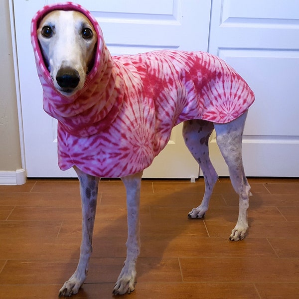 Coat for Greyhound with snood (Medium-Large) Tie dye design pink and white
