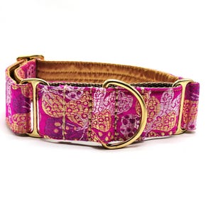 Pink and Gold Brocade Martingale Dog Collar: Sighthound Collar (1.5 inch, Medium, Brass Hardware)