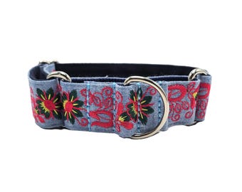 Embroidered Flower Martingale Dog Collar, Hot Pink Green Floral, Medium