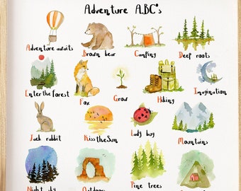 ABC de l'aventure, ABC en plein air, impression de chambre de bébé, impression d'ABC, aquarelle de chambre de bébé, animal de la forêt, art mural de chambre de bébé, cadeau de baby shower