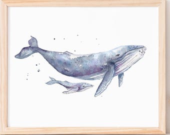Humpback Whale and Baby Watercolor Print: Nursery Ocean Art