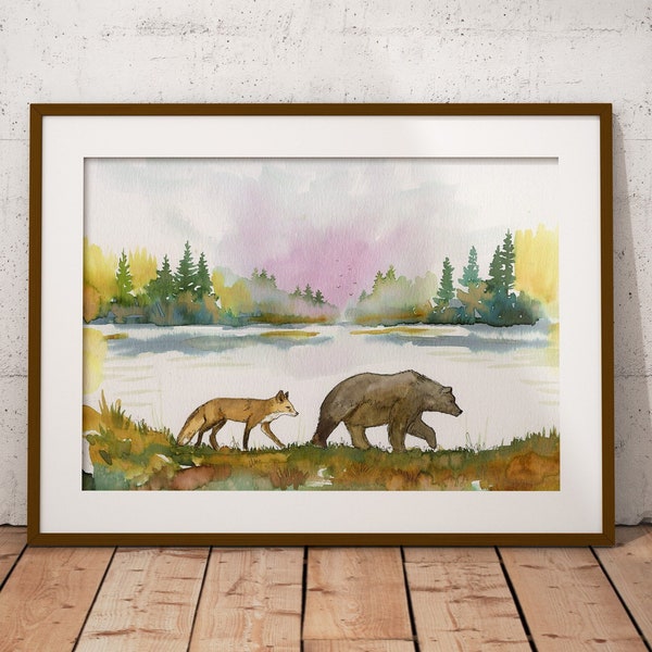 bear and fox watercolor, woodland print, red fox print, brown bear print, watercolor art print, nursery print, bear and fox wall art,