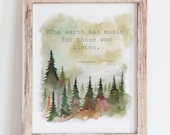 Shakespeare Quote Watercolor Print, Forest Wall Art