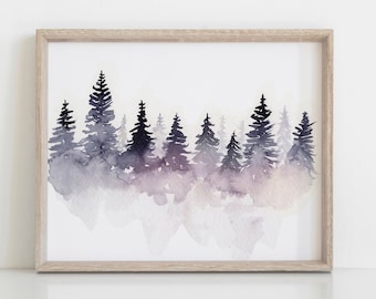 Watercolor Pine Tree Print, Minimalist Forest Mountain Art