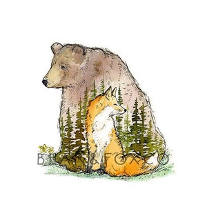 stampa orso e volpe, stampa animalier per cameretta, stampa bosco, cameretta orsi, cameretta volpi, arte di animali carini, stampa acquerello fatta a mano, arte per cameretta