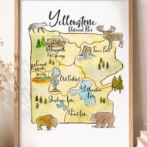 Yellowstone Map Print, Watercolor National Park Art, Yellowstone art print, watercolor travel art image 1