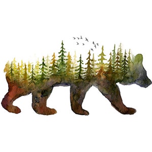 Watercolor Bear Print, Forest Silhouette, Nursery Art, baby nursery art print, forest bear art, colorful forest bear art, forest aesthetic