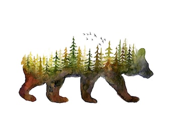 Watercolor Bear Silhouette Print, Forest Nursery Art
