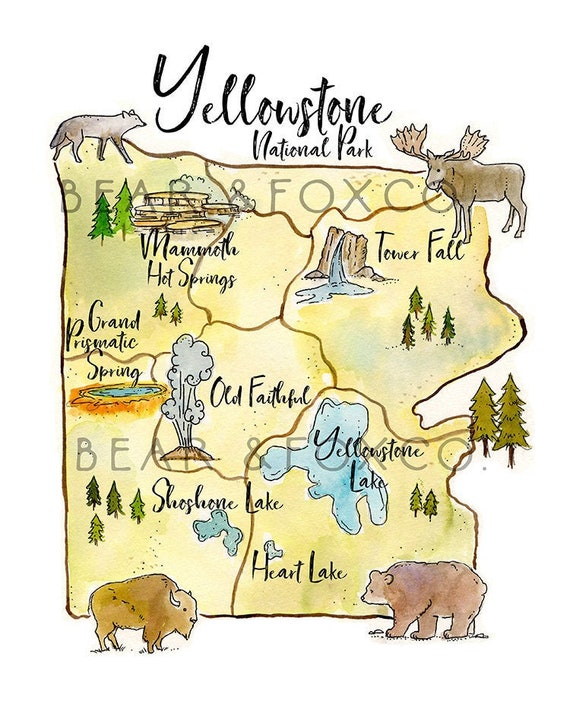 Yellowstone National Park, Yellowstone Map, Old Faithful, Yellowstone Art  Print, Yellowstone Nursery Print, Wyoming Art, Yellowstone Art - Etsy