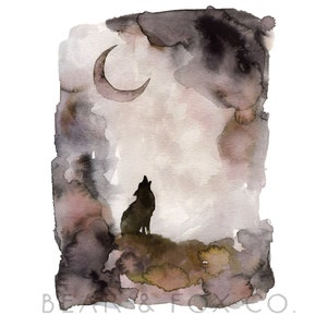 Howling Wolf Watercolor Print, Woodland Nursery Art