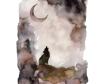 Howling Wolf Watercolor Print, Woodland Nursery Art