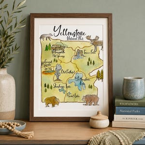 Yellowstone Map Print, Watercolor National Park Art, Yellowstone art print, watercolor travel art image 3