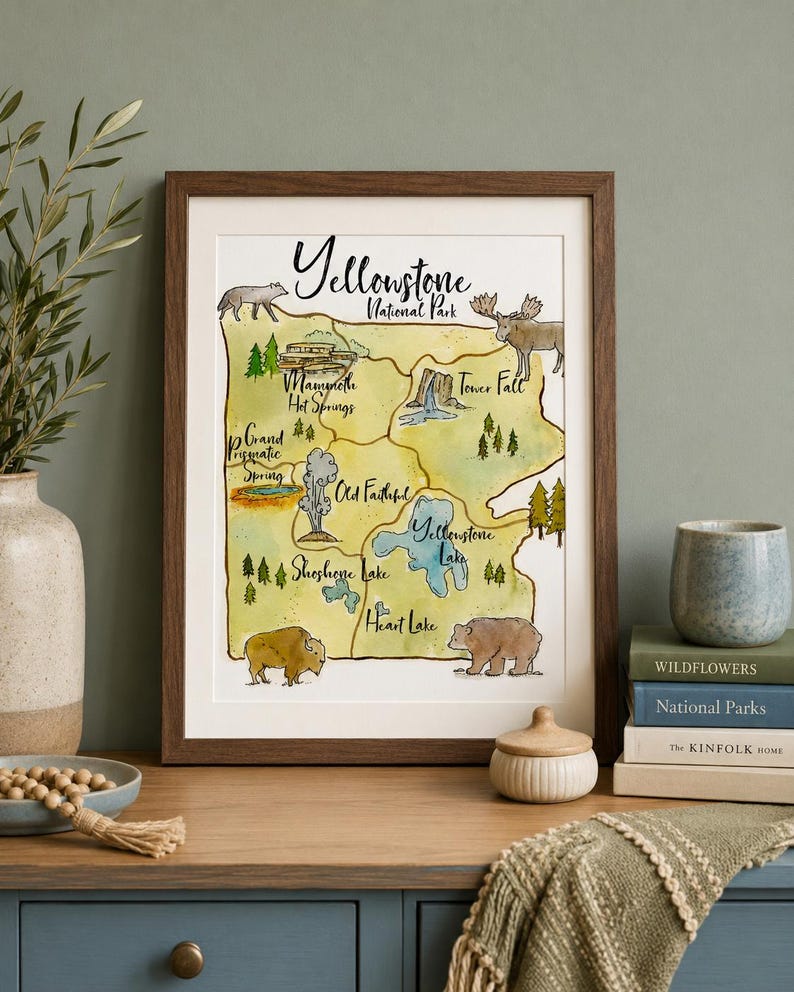 Yellowstone Map Print, Watercolor National Park Art, Yellowstone art print, watercolor travel art image 3