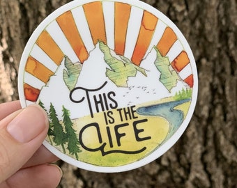 Mountain Vinyl Sticker, Sunset Adventure Decal (3" Circle)