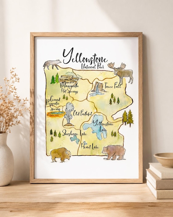 Yellowstone Map Print, Watercolor National Park Art,  Yellowstone art print, watercolor travel art