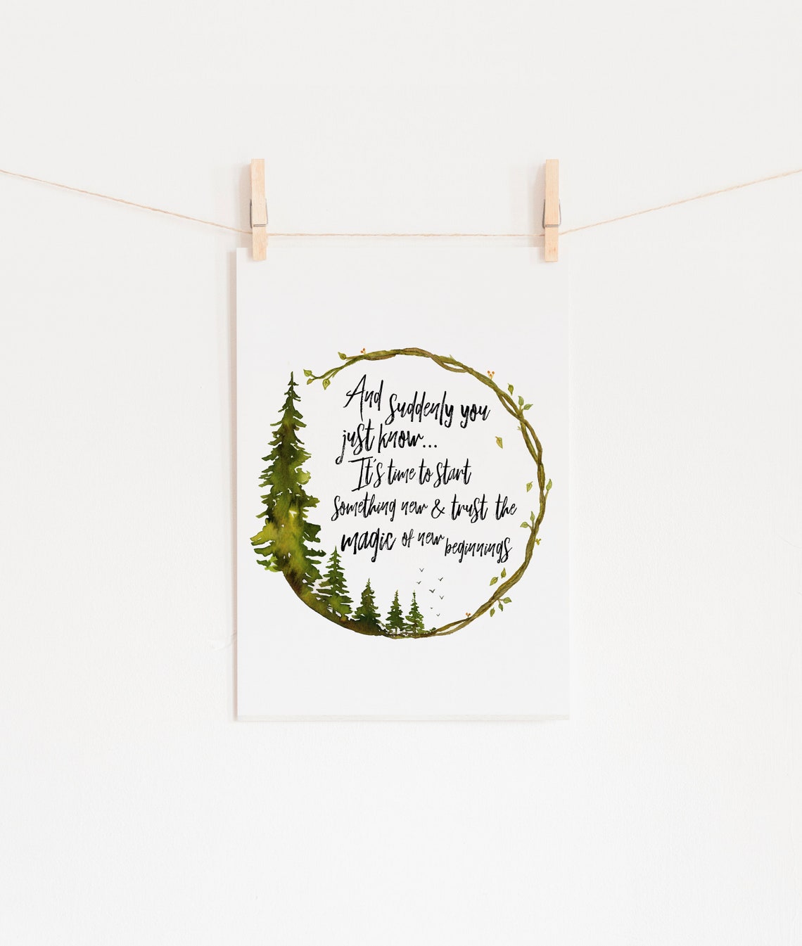 Watercolor Forest Art Print, Inspirational Magic Quote, Minimalist Wall ...