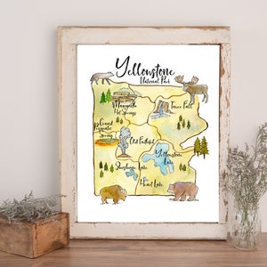 May include: A watercolor illustration of Yellowstone National Park, featuring a map of the park with various landmarks, including Old Faithful, Mammoth Hot Springs, Tower Fall, Yellowstone Lake, and Heart Lake. The illustration also includes animals native to the park, such as a wolf, a moose, a bison, and a bear.