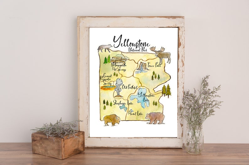 May include: A watercolor illustration of Yellowstone National Park, featuring a map of the park with various landmarks, including Old Faithful, Mammoth Hot Springs, Tower Fall, Yellowstone Lake, and Heart Lake. The illustration also includes animals native to the park, such as a wolf, a moose, a bison, and a bear.