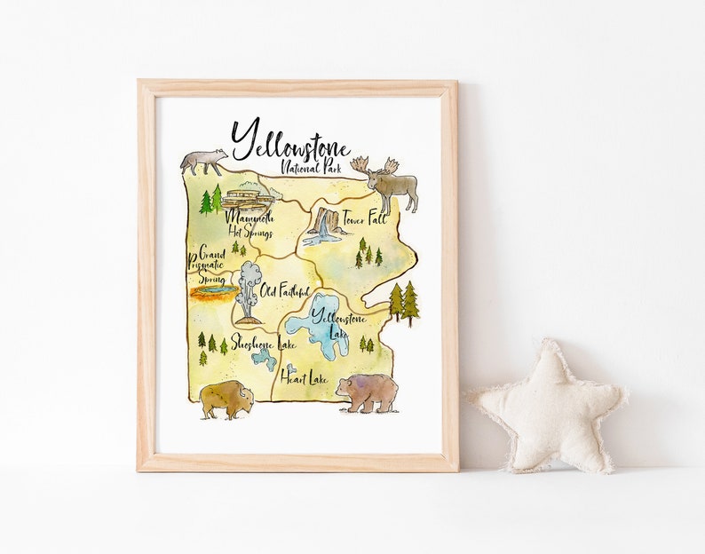May include: A watercolor illustration of Yellowstone National Park, featuring a map of the park with landmarks like Old Faithful, Mammoth Hot Springs, and Yellowstone Lake. The illustration also includes animals like a wolf, a moose, a bison, and a bear.
