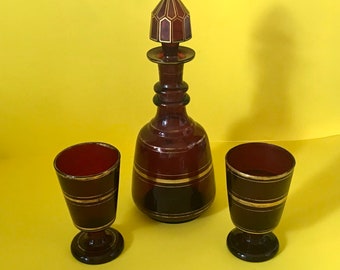 Antique Ruby Red Glass Decanter with 2 Goblet Glass Cup Set