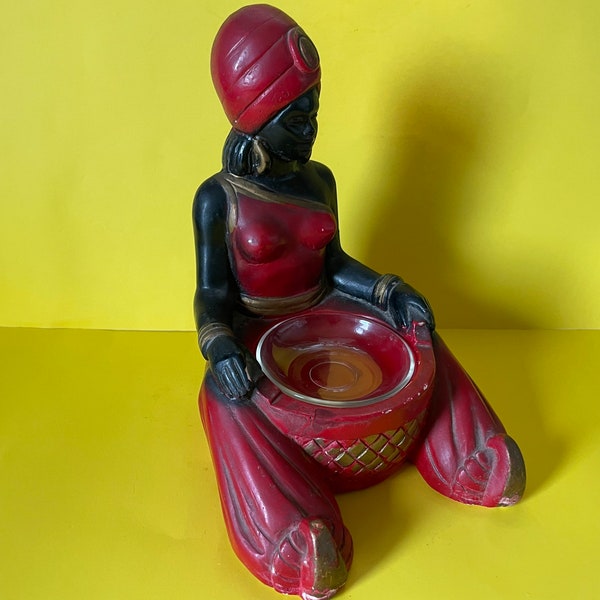 Mid Century Nubian Blackamoor Chalkware Bookend Trinket Tray Arabian Genie Woman