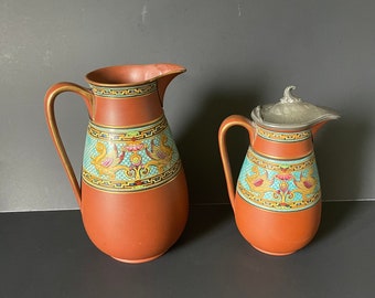 2 Antique F and R Pratt Fenton Pottery Terra Cotta Watcombe  Pitchers