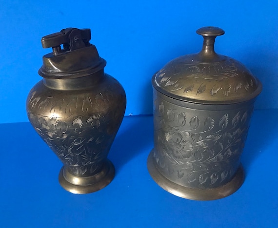 Vintage Etched Brass Tobacco Tin and Lighter