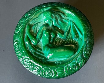 Vintage Malachite Green Round Trinket Box with Nude Woman