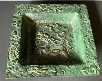 Vintage High Relief Bronze Square Bowl Dish Dragon Motif