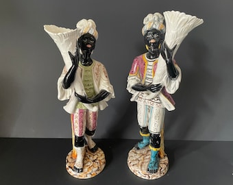 Antique Pair of Nubian Blackamoor Porcelain Women holding Cornucopias