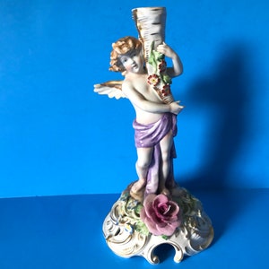 1930s Von Schierholz Hand Painted Porcelain Cherub Angel Lamp Base Candle Holder