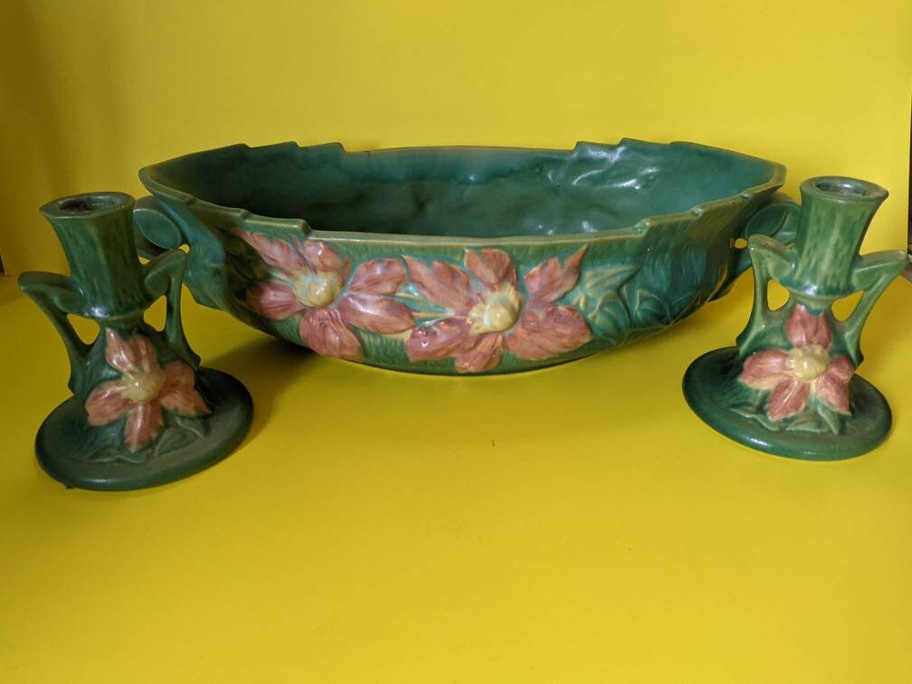 Vintage Roseville Console Bowl and Candle Stick Holder Set Etsy