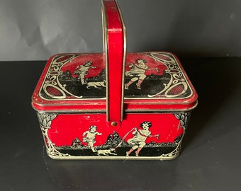 Antique Biscuit Tin Children Playing with Dog