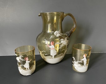 Antique Mary Gregory Hand Blown and Painted Glass Pitcher and 2 Drinking Glasses Set