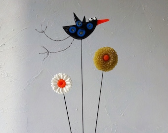 Garden Bird Sculpture. Cute bird and flowers on a wood block. Unique Gift. Bird Artwork. Resin and wire artwork. Quirky, fun sculpture.