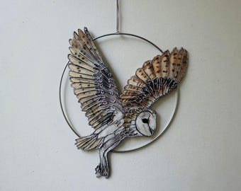 Painted, Decorative Barn Owl Hoop. Textile & 3D Pen Artwork. Owl Wall Hanging.