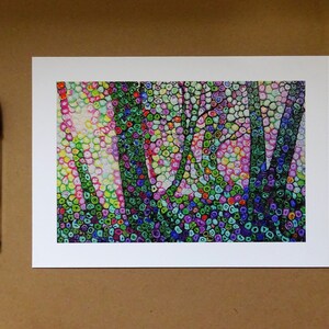 May include: A colorful abstract painting of a forest scene with trees and foliage. The painting is made up of small, colorful dots that create a textured effect.