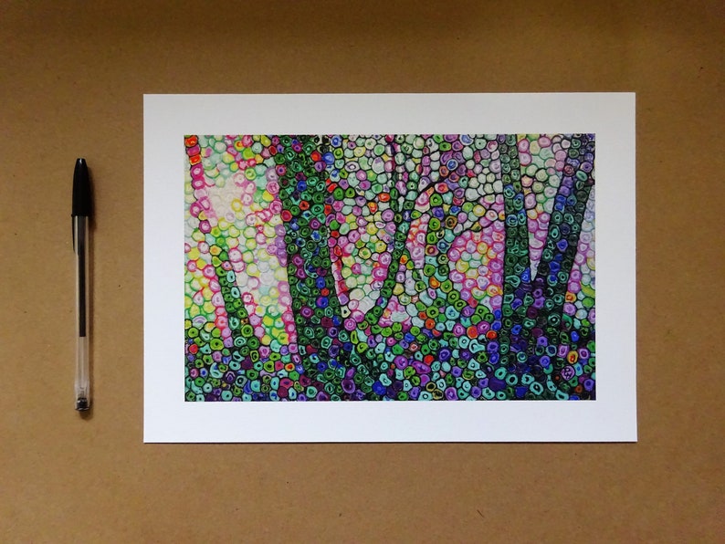 May include: A colorful abstract painting of a forest scene with trees and foliage. The painting is made up of small, colorful dots that create a textured effect.