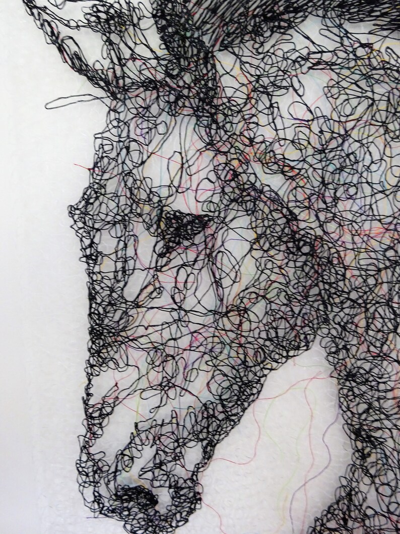 May include: A black and white line drawing of a horse's head, created with a tangled web of thread. The horse's eye is visible, and the lines create a sense of movement and energy.