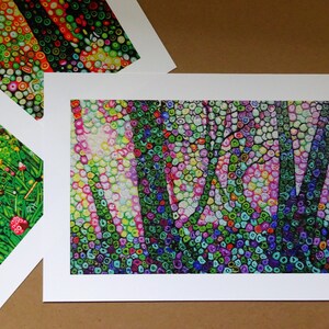 May include: A colorful abstract painting of a forest scene with trees and foliage. The painting is made up of small, colorful dots that create a mosaic effect.