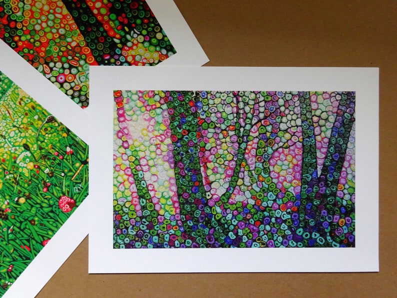 May include: A colorful abstract painting of a forest scene with trees and foliage. The painting is made up of small, colorful dots that create a mosaic effect.