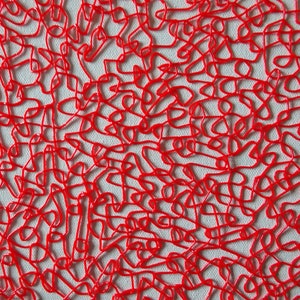 Puede incluir: Patr&oacute;n abstracto rojo sobre fondo blanco. El patr&oacute;n est&aacute; formado por muchas peque&ntilde;as bucles y l&iacute;neas interconectadas.