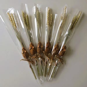 May include: Six decorative wheat stalks with brown mouse-shaped ornaments, tied with twine, and wrapped in clear cellophane. The wheat is a light tan color, and the mice have small, round, tan-colored ears.