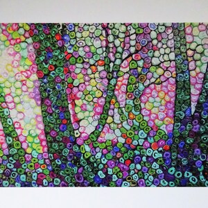 May include: Abstract painting of a forest scene with trees made of colorful circles. The background is a mix of pink, green, blue, and yellow circles.